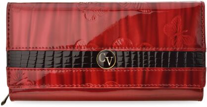 CAVALDI duży skórzany portfel damski elegancki lakierowany pojemna rozkładana portmonetka z tłoczonym wzorem motylami i skórą croco - czerwony