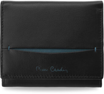 Mały funkcjonalny portfel męski PIERRE CARDIN skóra naturalna - czarny z niebieskim