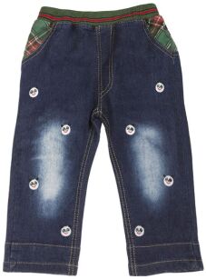 Chłopięce spodnie jeansowe, krata z misiem - niebieski