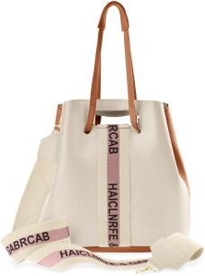 Modna torba damska dwukolorowa torebka worek sakwa shopperka z lampasem i napisem - brązowo-beżowa
