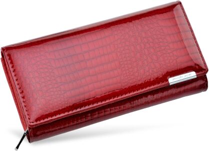Stylowy lakierowany portfel damski JENNIFER JONES pojemna skórzana portmonetka z tłoczonym wzorem - czerwony