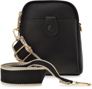 VICTORIA&CO mała torebka damska miejska dwukomorowa listonoszka na telefon portfel torba na ramię skóra z parcianym paskiem - czarna