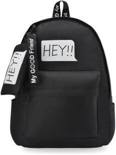 Lekki młodzieżowy plecak miejski szkolny z nadrukiem + breloczek saszetka napis print - czarny