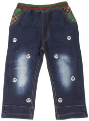 Chłopięce spodnie jeansowe, krata z misiem - niebieski