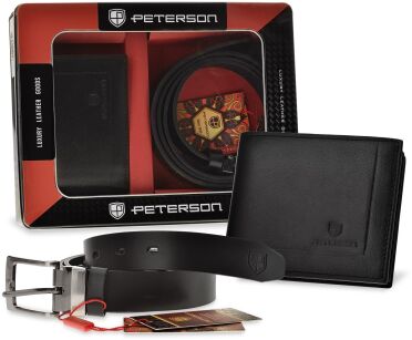 PETERSON ZESTAW PREZENTOWY W ELEGANCKIM PUDEŁKU SKÓRZANY PORTFEL MĘSKI RFID SECURE + PASEK SKÓRA NATURALNA KOMPLET NA PREZENT - CZARNY