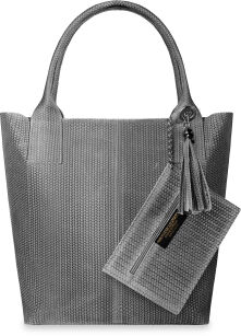 Włoska skórzana torebka duża torba shopper zamsz - szara