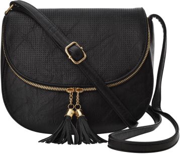 Wyjątkowa listonoszka z klapą torebka damska frędzle ażurowa - czarny