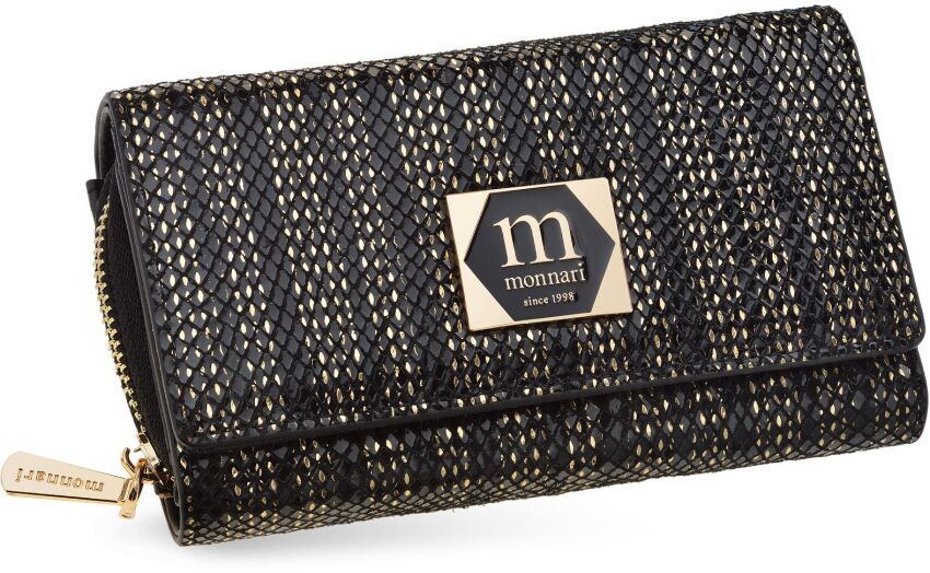 Monnari średni portfel damski skórzany ekskluzywny na zamek i zatrzaski - czarny ze złotym