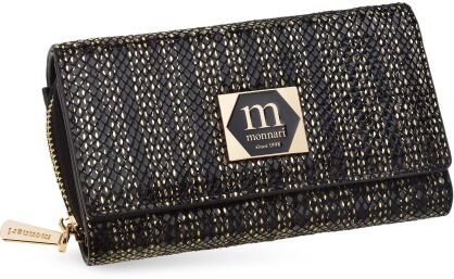 Monnari średni portfel damski skórzany ekskluzywny na zamek i zatrzaski - czarny ze złotym