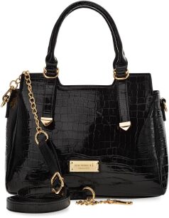 MONNARI LAKIEROWANA AKTÓWKA DAMSKA DUŻY POJEMNY KUFEREK Z ŁAŃCUCHEM TORBA SHOPPER ELEGANCKA KLASYCZNA TOREBKA SKÓRA CROCO - CZARNA