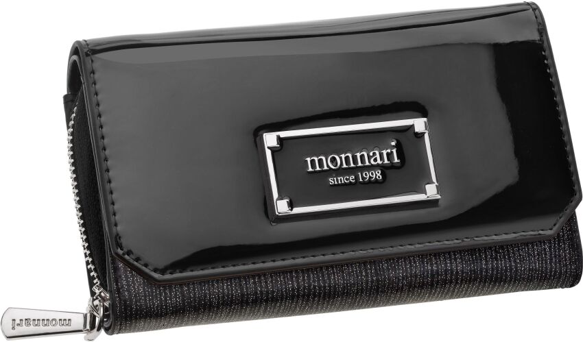 Portfel damski z klapą Monnari portmonetka na zamek i zatrzask lakierowany ekskluzywny - czarny ze srebrnym