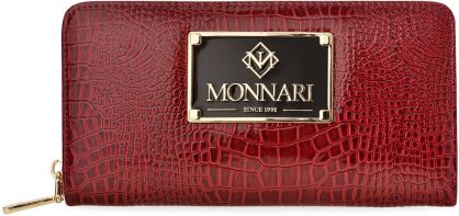 MONNARI lakierowany skórzany portfel damski z logo portmonetka na zamek w tłoczony wzór skóry - czerwony