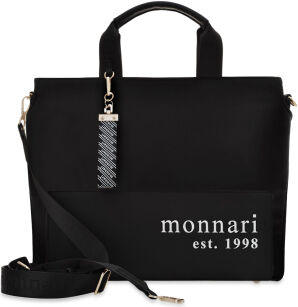 MONNARI torebka damska shopper aktówka miejska duża pojemna torba z breloczkiem i logowanym paskiem - czarna