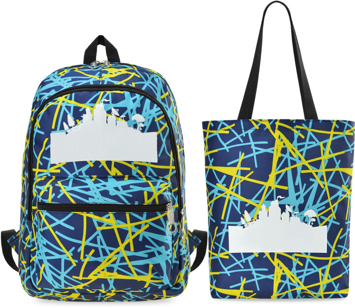 MŁODZIEŻOWY ZESTAW SZKOLNY PLECAK + TORBA SHOPPER + PIÓRNIK KOMPLET FULL PRINT GRAFFITI KOLOROWY WZÓR - GRANATOWY