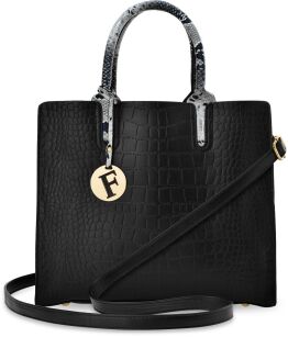 Elegancki kuferek z tłoczeniem aktówka torebka damska shopper wężowy wzór brelok - czarny