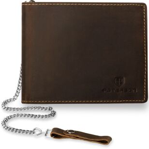 PETERSON skórzany nubukowy portfel męski z łańcuchem - brązowy