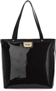 MONNARI SHOPPER DAMSKI Z WZOREM LOGO LAKIEROWANA TOREBKA DUŻA ELEGANCKA TORBA NA RAMIĘ KUFEREK AKTÓWKA - CZARNA