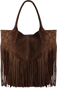 Duża torebka damska zamsz skóra naturalna frędzle boho - brązowa