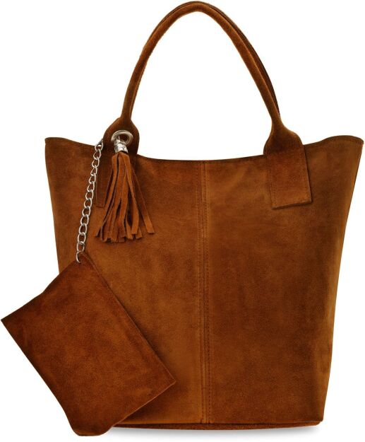 Włoska skórzana torba damska pojemna duża torebka boho worek zamszowa