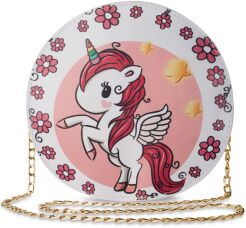 Młodzieżowa listonoszka okrągła torebka print jednorożec unicorn - różowo-biały