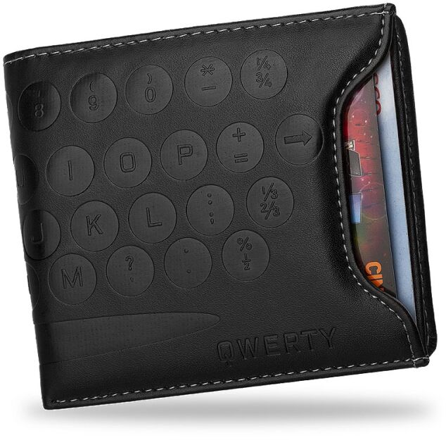 Oryginalny męski portfel qwerty na karty pay pass czarny obszyty białą nicią