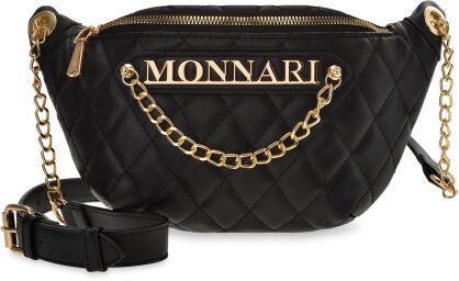 MONNARI PIKOWANA TORBA NERKA Z DUŻYM LOGO ELEGANCKA SASZETKA DAMSKA BIODRÓWKA TOREBKA CROSSBODY - CZARNA