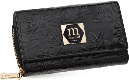 Monnari portfel damski skórzany na prezent elegancka portmonetka w kwiaty - czarny