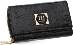Monnari portfel damski skórzany na prezent elegancka portmonetka w kwiaty - czarny