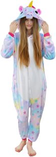PIŻAMA KIGURUMI JEDNOCZĘŚCIOWE PRZEBRANIE KOSTIUM Z KAPTUREM – TĘCZOWY JEDNOROŻEC GWIAZDKI