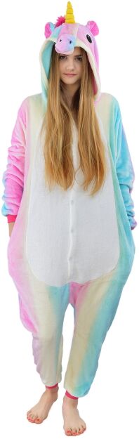 Piżama kigurumi jednoczęściowe przebranie z kapturem – tęczowy jednorożec