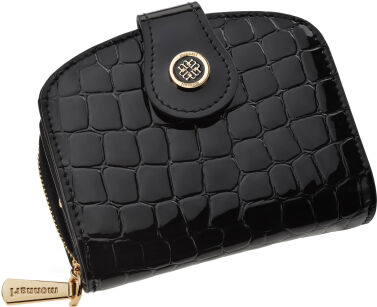 Monnari mały skórzany portfel damski lakierowana trójelementowa portmonetka z wzorem skóry - czarny