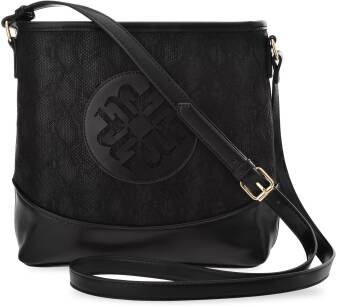 MONNARI POJEMNA LISTONOSZKA TOREBKA DAMSKA CROSSBODY RAPORTÓWKA Z OZDOBNYM PANELEM I LOGO - CZARNA
