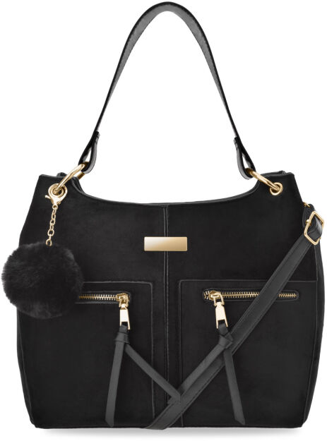 Klasyczna torba torebka kuferek shopper bag z pomponem welur zamsz