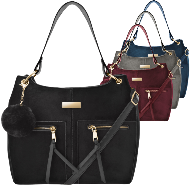 Klasyczna torba torebka kuferek shopper bag z pomponem welur zamsz