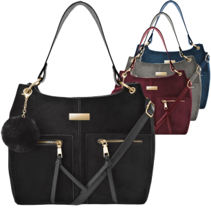 Klasyczna torba torebka kuferek shopper bag z pomponem welur zamsz