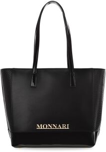 MONNARI SHOPPER DAMSKI Z APLIKACJĄ DUŻA TOREBKA POJEMNA AKTÓWKA NA RAMIĘ Z LAKIEROWANYMI PANELAMI - CZARNA