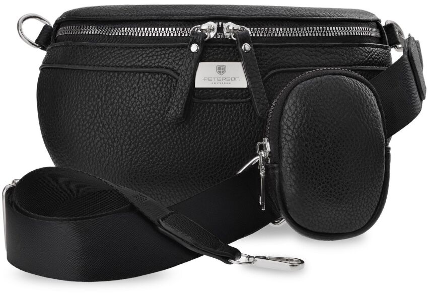 Skórzana saszetka damska 2w1 elegancka nerka biodrówka + etui - czarny