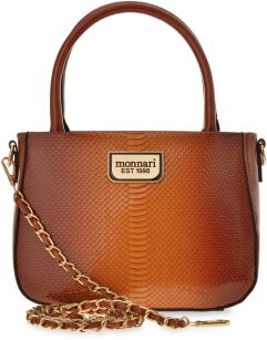 MONNARI MAŁY KUFEREK ZE WZOREM ELEGANCKA KLASYCZNA TOREBKA DAMSKA LAKIEROWANA SKÓRA CROCO - CAMEL