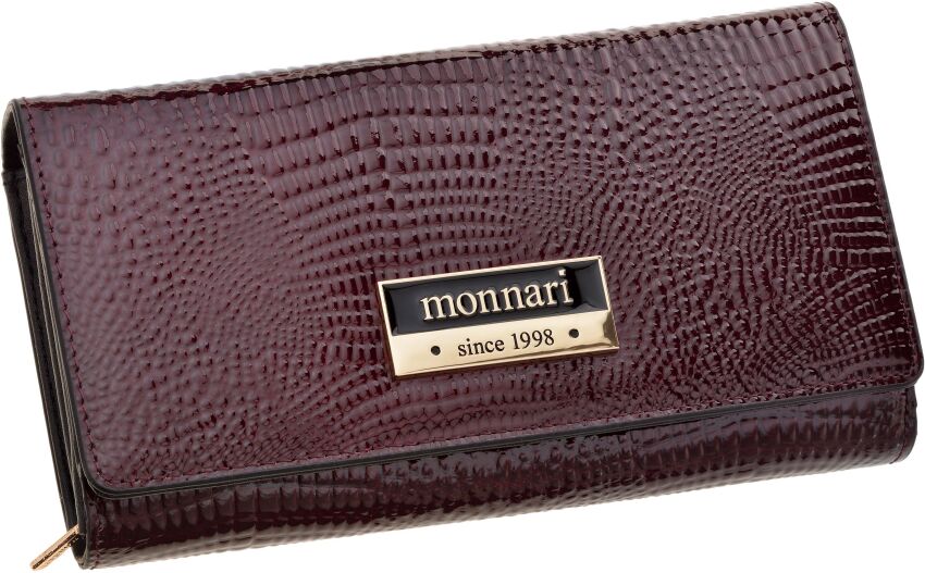 Monnari portfel damski ze wzorem duży pakowny lakierowana portmonetka - burgundowy