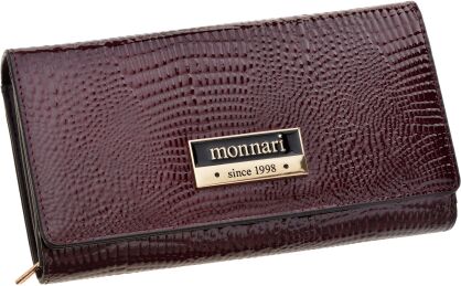 Monnari portfel damski ze wzorem duży pakowny lakierowana portmonetka - burgundowy