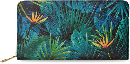 KOLOROWY DUŻY PORTFEL DAMSKI Z NADRUKIEM POJEMNA PORTMONETKA KOPERTÓWKA NA ZAMEK PRINT TROPIKALNY BOTANICZNY WZÓR LIŚCIE PALMA MONSTERA - CZARNY Z ZIELONYM