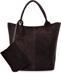 Włoska skórzana torba damska pojemna duża torebka boho worek zamszowa - czekoladowa