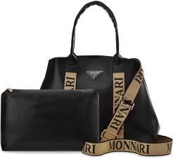 MONNARI premium torba damska shopper z logowanymi paskami 2w1 pojemna torebka łódka duży kuferek na ramię + organizer gratis - czarna z beżem