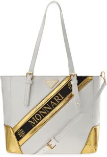Oryginalna logowana torba damska MONNARI duża pojemna torebka shopper bag łódka na ramię - biała ze złotym