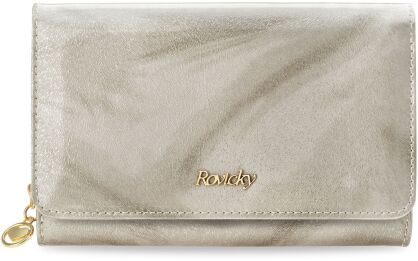 Elegancki skórzany portfel damski ROVICKY lakierowana opalizująca portmonetka RFID pudełko - srebrny