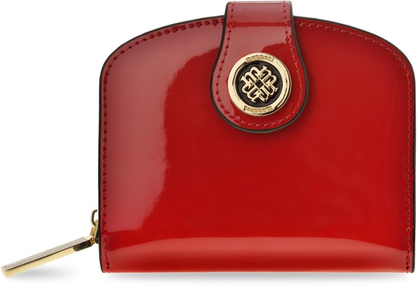 Monnari mały portfel damski elegancki lakierowany trójelementowa portmonetka podkówka z kieszonkami na zamek i bigiel - czerwony