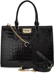 MONNARI ELEGANCKA KLASYCZNA TOREBKA DAMSKA LAKIEROWANA AKTÓWKA DUŻY KUFEREK SHOPPER Z KROKODYLIM WZOREM - CZARNA