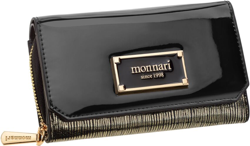 Portfel damski z klapą Monnari portmonetka na zamek i zatrzask lakierowany ekskluzywny - czarny ze złotym