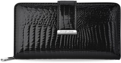 Duży lakierowany portfel podwójna skórzana portmonetka – czarny