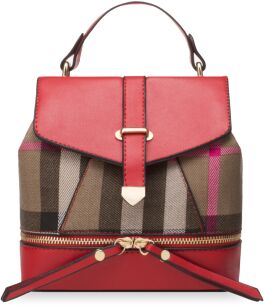 Mały plecak damski z klapą stylowy plecaczek w kratę – czerwony